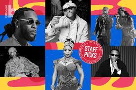 A collage of top Afrobeats artists in July 2025 (e.g., Ayra Starr, Wizkid, Burna Boy, Asake, Chella).
