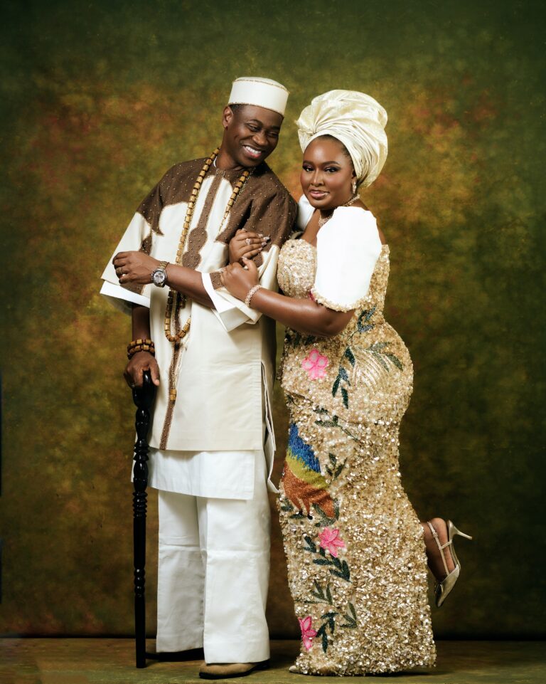 Lateef Adedimeji & Mo Bimpe Step Out in Regal Looks for Triplets’ Thanksgiving 16 Lateef Adedimeji and Mo Bimpe in champagne gold outfits for their triplets thanksgiving